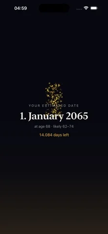 Yorick reveal screen showing an estimated date of 1 January 2065 at age 68, a likely range of 62 to 74, and 14,084 days left