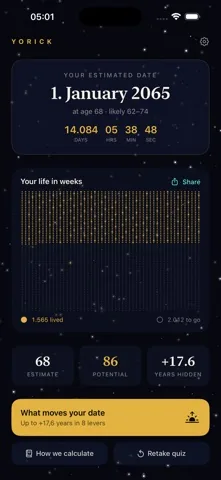 Yorick home screen with a live countdown in days, hours, minutes and seconds, a life in weeks grid, and tiles for estimate, potential and years hidden